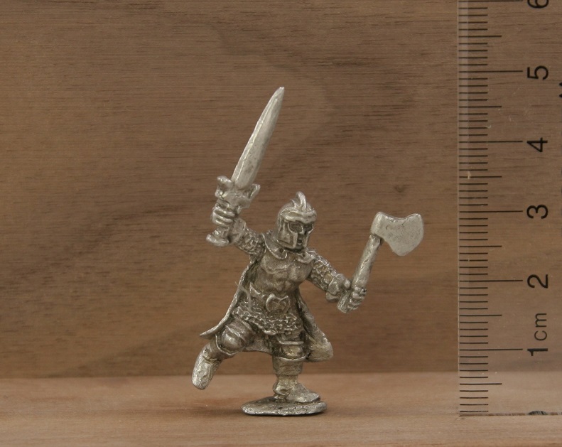 Fighter in Platemail with Sword and Axe Attacking pewter | Heekin Pewter